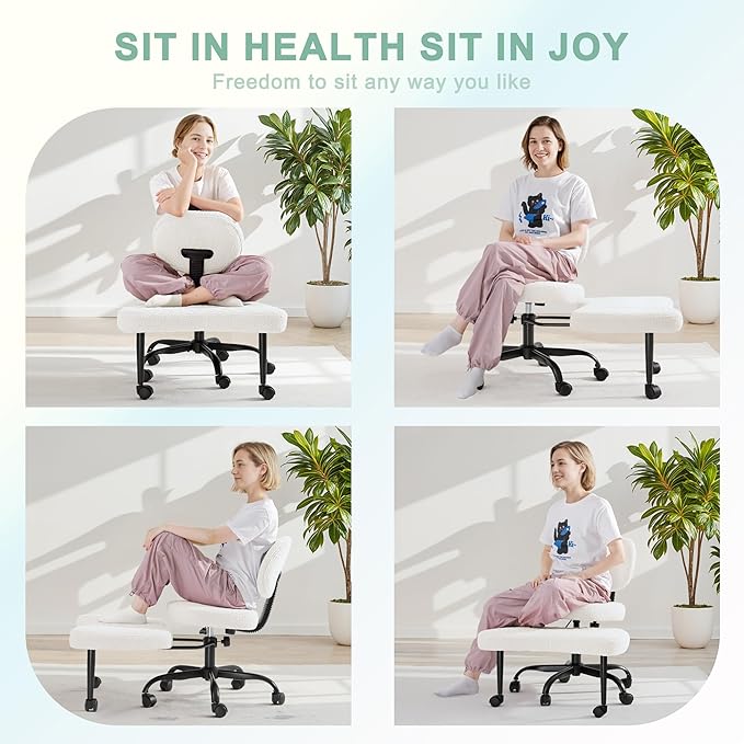 GUNJI Ergonomic Criss Cross Legged Office Chair, 360° Swivel Meditation Kneeling Chair with Wheels, ADHD Chair with Footrest, Lumbar Support, Wider Height Adjustable Seat (Teddy Fleece, White)