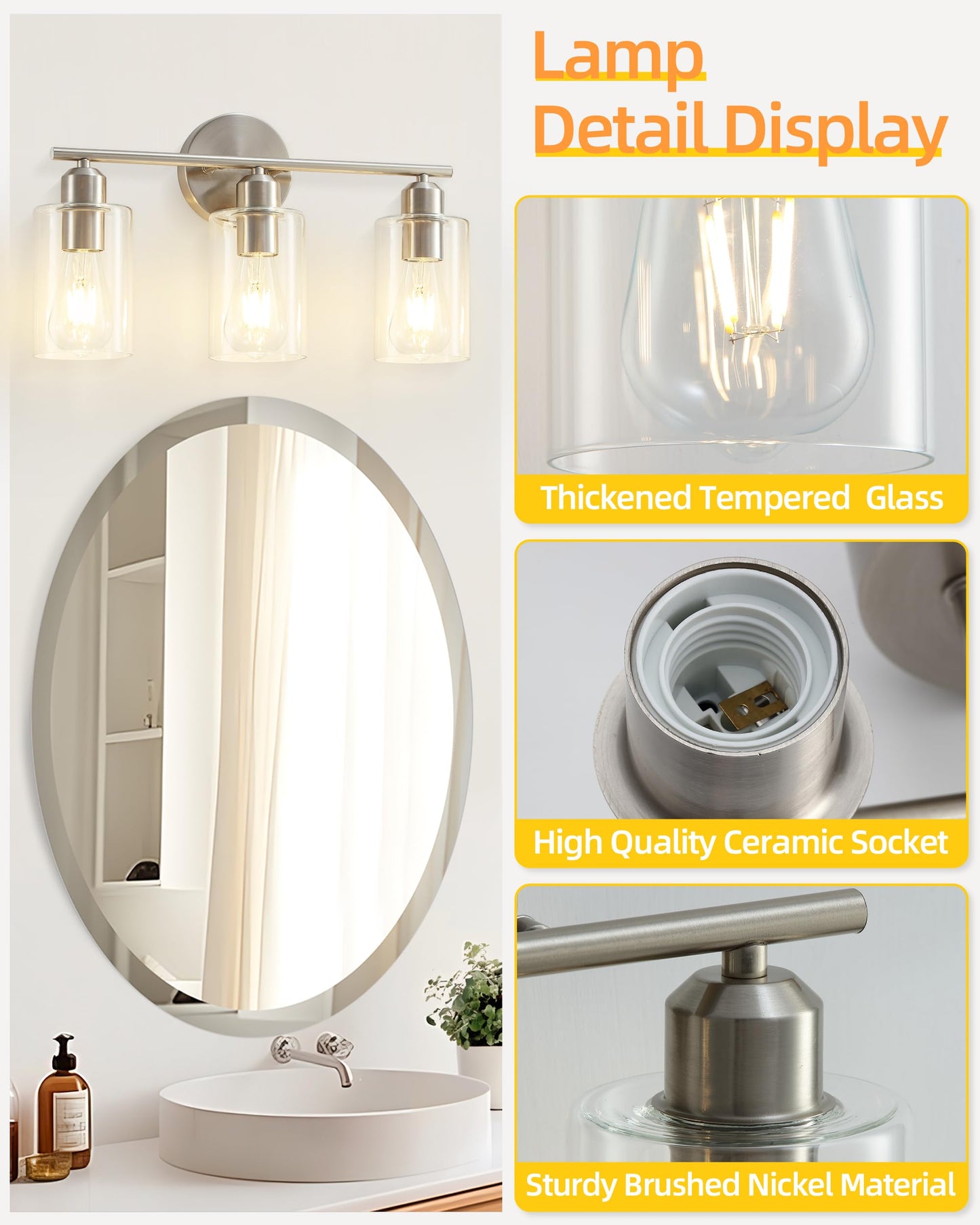 Brushed Nickel Vanity Lights - 3-Light Modern Bathroom Lighting Fixtures with Clear Glass Shade - Wall Sconce for Hallway - 2Pack