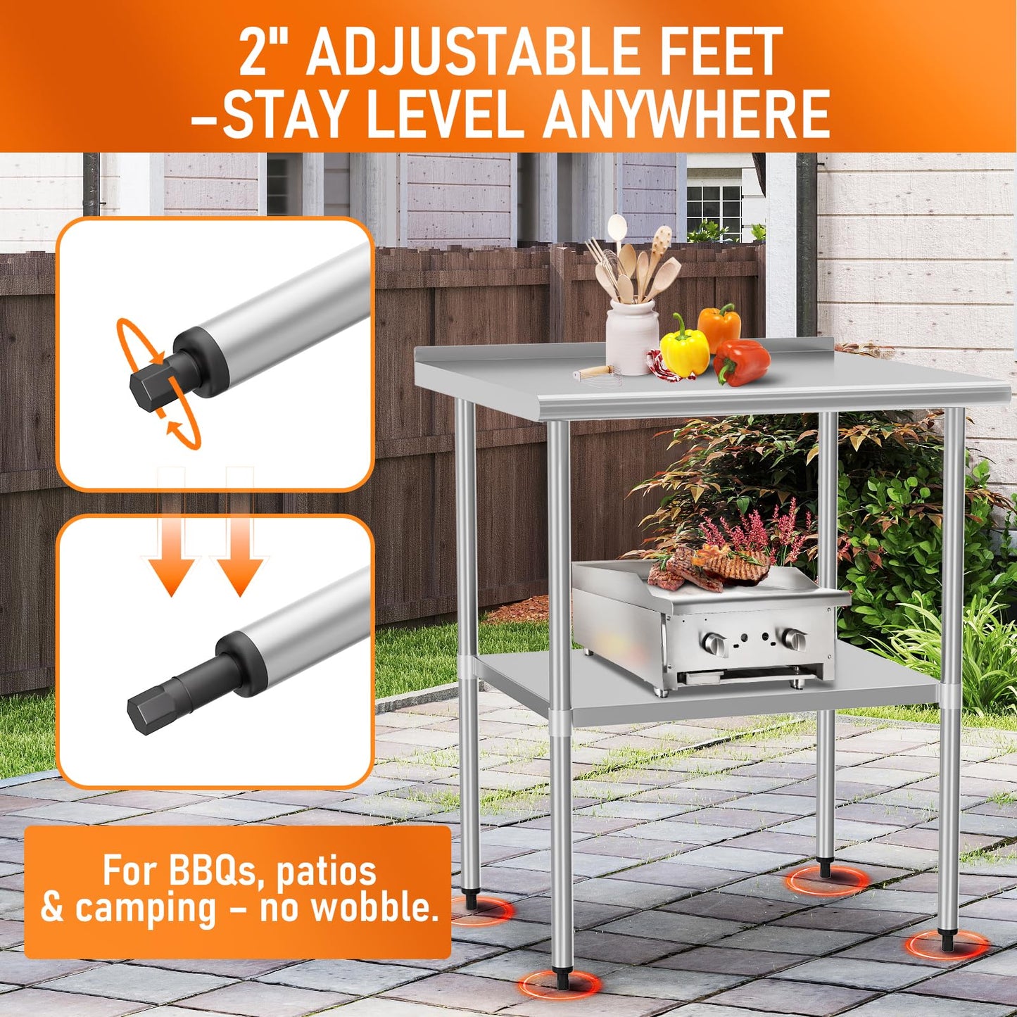 HOCCOT Stainless Steel Table for Prep & Work 30" X 30" inches with Adjustable Undershelf and Backsplash, Commercial Workstations, Utility Table in Kitchen Garage Outdoor BBQ