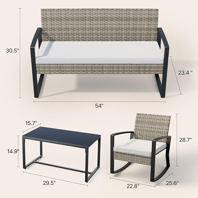 Ahomly 4 Piece Patio Furniture Set, Outdoor Wicker Patio Furniture with Glass Coffee Table, Rocking Patio Wicker Bistro Set, for Porch, Garden, Lawn (Light Grey)