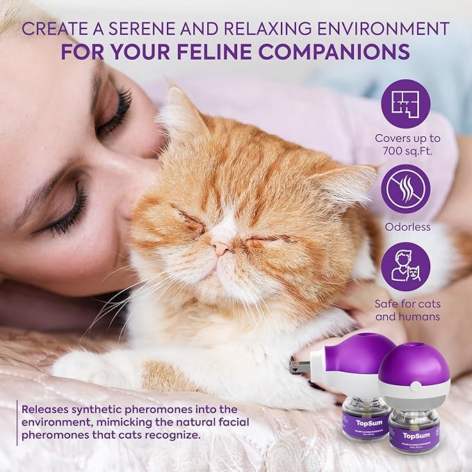 TopSum Cat Pheromones Calming Diffuser: Cat Calming Diffuser for Natural and Gental Behavior – Helps Reduce Scratching Peeing Meowing Hiding Urine Marking Aggression