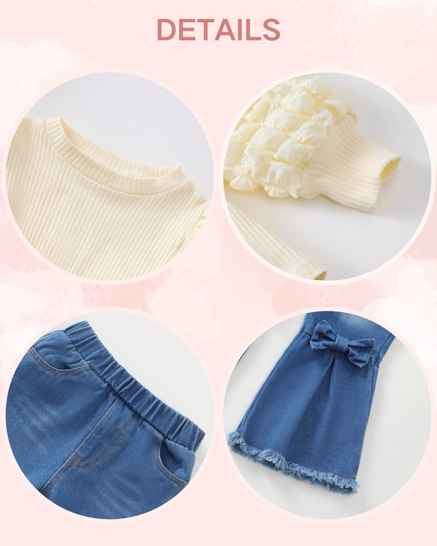 Renotemy Infant Baby Girl Clothes 12-18 Months Fall Winter Outfit for 1 Year Old Girl Gifts Puff Bubble Sleeve Knit Peplum Sweatshirt Flare Bell Bottom Jeans Matching Outfits Clothing Set Cream Yellow
