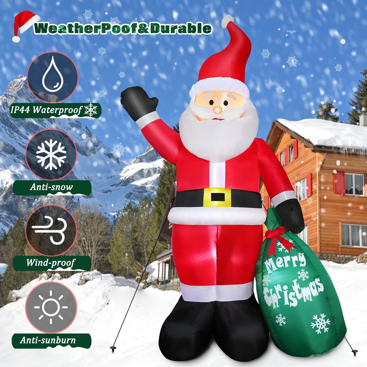 Thanger 7 FT Christmas Inflatable Santa Claus with Green Gift Bag, Blow up Santa Claus Indoor Outdoor Decoration, Built-in LED Lights for Yard Patio Garden Lawn Xmas Vacation Holiday Party Home Decor