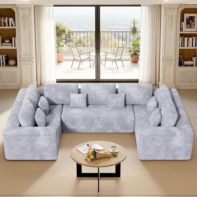 136'' Large Sectional Cloud Couches with Chaise, U Shaped Boneless Loveseat Sofa, No Assembly Required Deep Seat Modular Lounge for Living Room 3PCS Set, Bedroom(Light Grey)