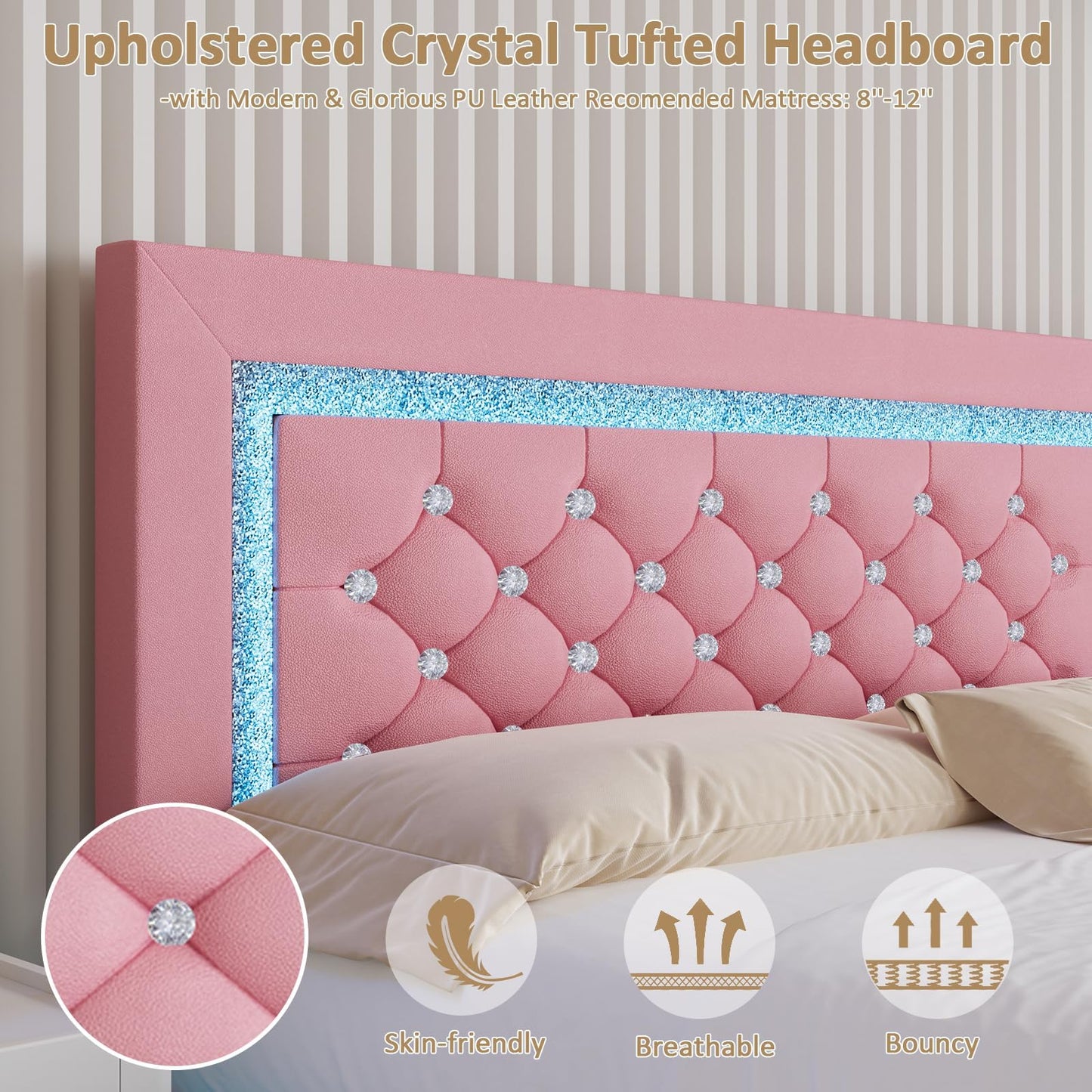 Pink Floating Bed Frame Twin with LED Lights, Upholstered Platform Bed with Diamond Tufted Headboard, No Box Spring Needed, Noise Free, Easy Assembly