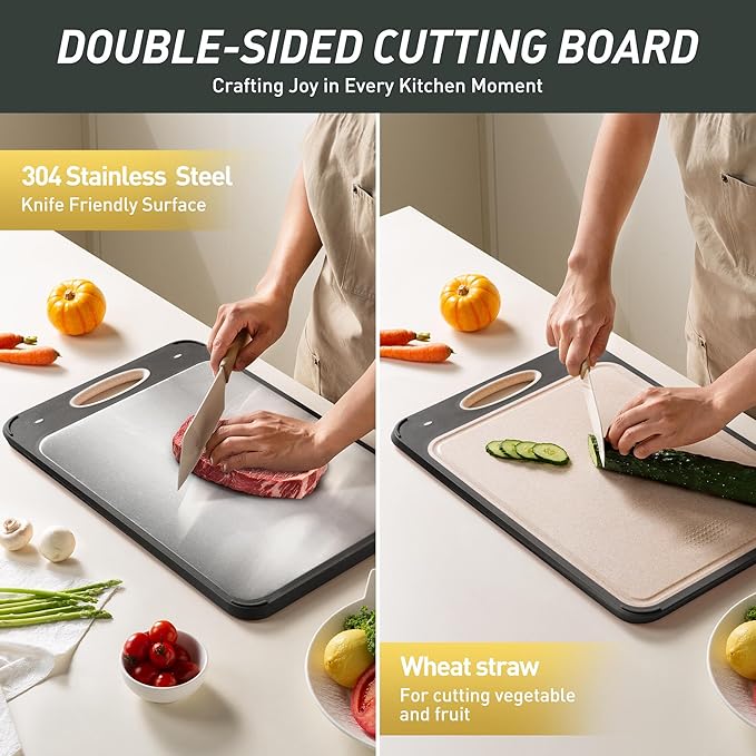 2 in 1 Stainless Steel Cutting Board with Handle Chopping Large Big Small Metal Meat Butcher Block Not Titanium Madera Glass Marble Stone Kitchen Tablas Cocina Cortar Picar Regalos Mujer Mama Abuela