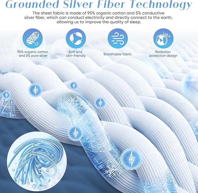 Grounding Sheet Queen Size - 95% Organic Cotton + 5% Pure Silver Fiber, Earth Connected Bedding (60"x 80"x 13" White) Fitted with Cord