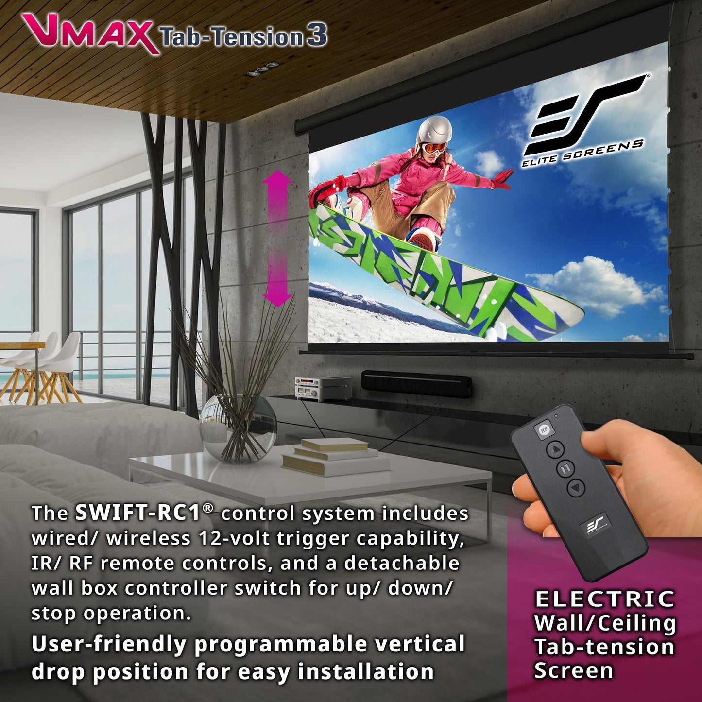 Elite Screens VMAX Tab-Tension 3 Series, 125 INCH Motorized Projector Screen, 16:9 CineGrey High Contrast Electric Drop-Down, 4K/8K HDR, IR/RF Remote, VMAXT125UCH3