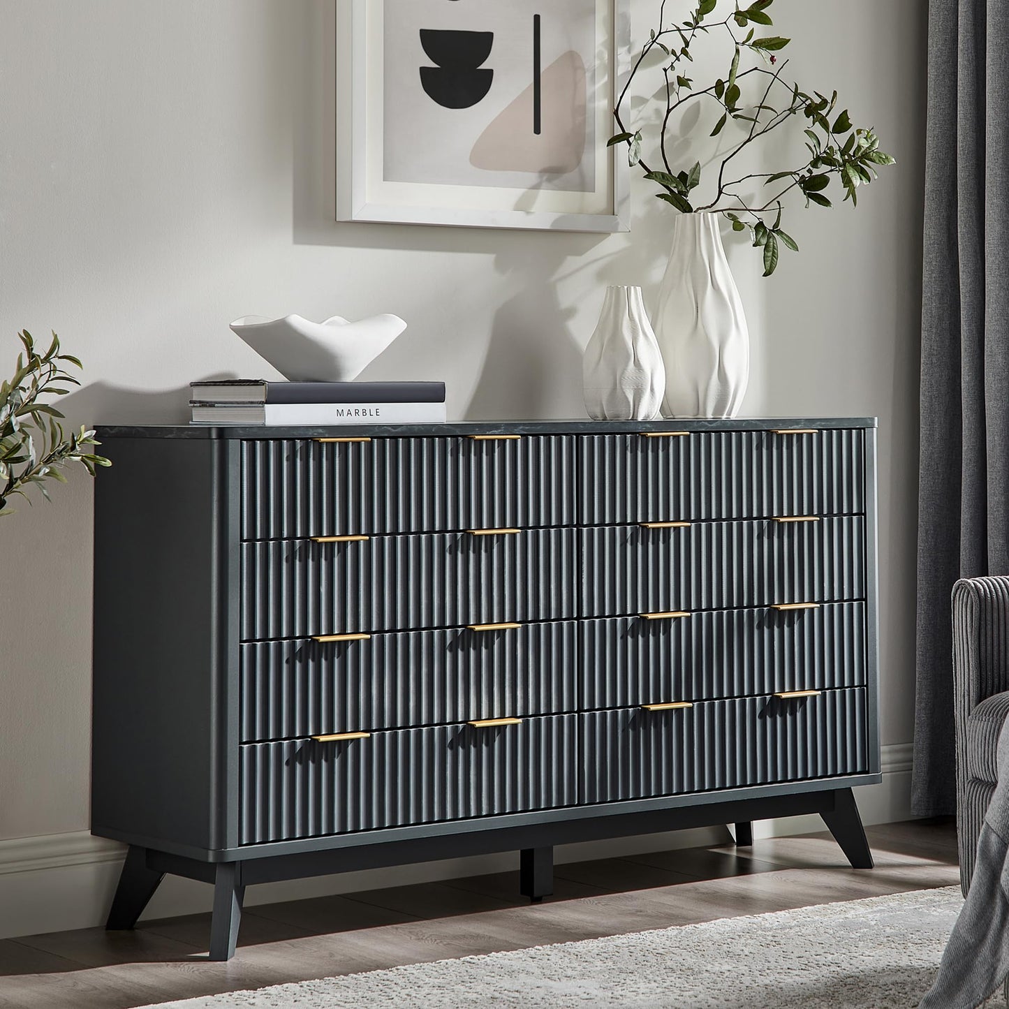 T4TREAM Fluted 8 Drawers Dresser, 54" Wide Modern Chest of Drawers with Faux Marble Top, Curved Profile Design, Dresser TV Stand, Wood Drawer Organizer for Bedroom, Living Room, Hallway, Dark Grey