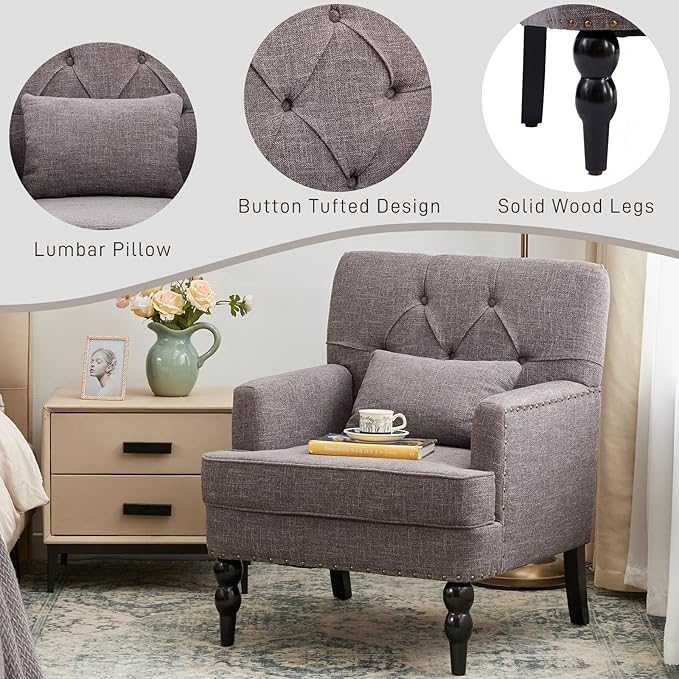 HUIMO Tufted Club Chair with Lumbar Pillow,Upholstered Button Armchair,Accent Reading Chair,Linen Fabric Sofa Chairs for Bedroom, Living Room, Mid Century Modern with Studded Chair Grey