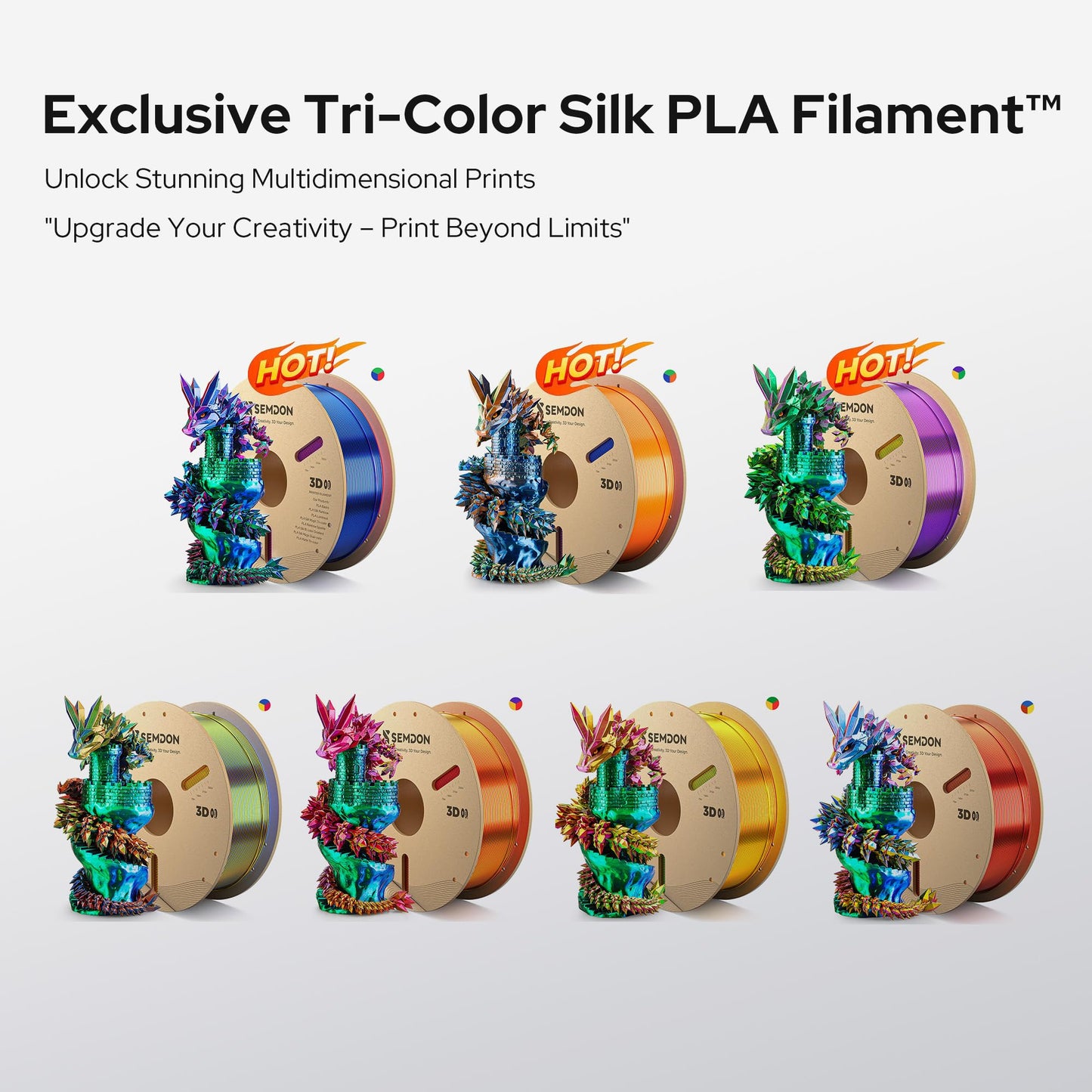 Semdon Pla Silk Tri-Color Gradient Filament 1.75Mm | Rainbow Red/Yellow/Blue, 0.02Mm, Low Warping | Ender 3/V2/Pro, Stem, Lithop