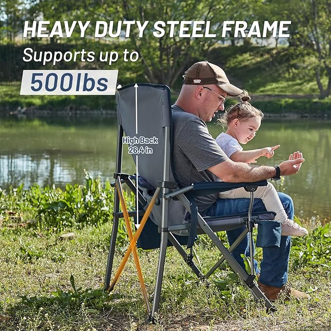 TIMBER RIDGE Oversized Folding Camping Chair with Lumbar Support Adjustable High Back Heavy Duty for Adults Support up to 500lbs with Cup Holder, Cooler Bag, Side Pocket, Blue 2 Pack