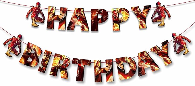 "Flsh Happy Birthday Banner – Superhero Theme Party Decoration for Boys and Girls – Vibrant Lightning Bolt Design Hanging ...