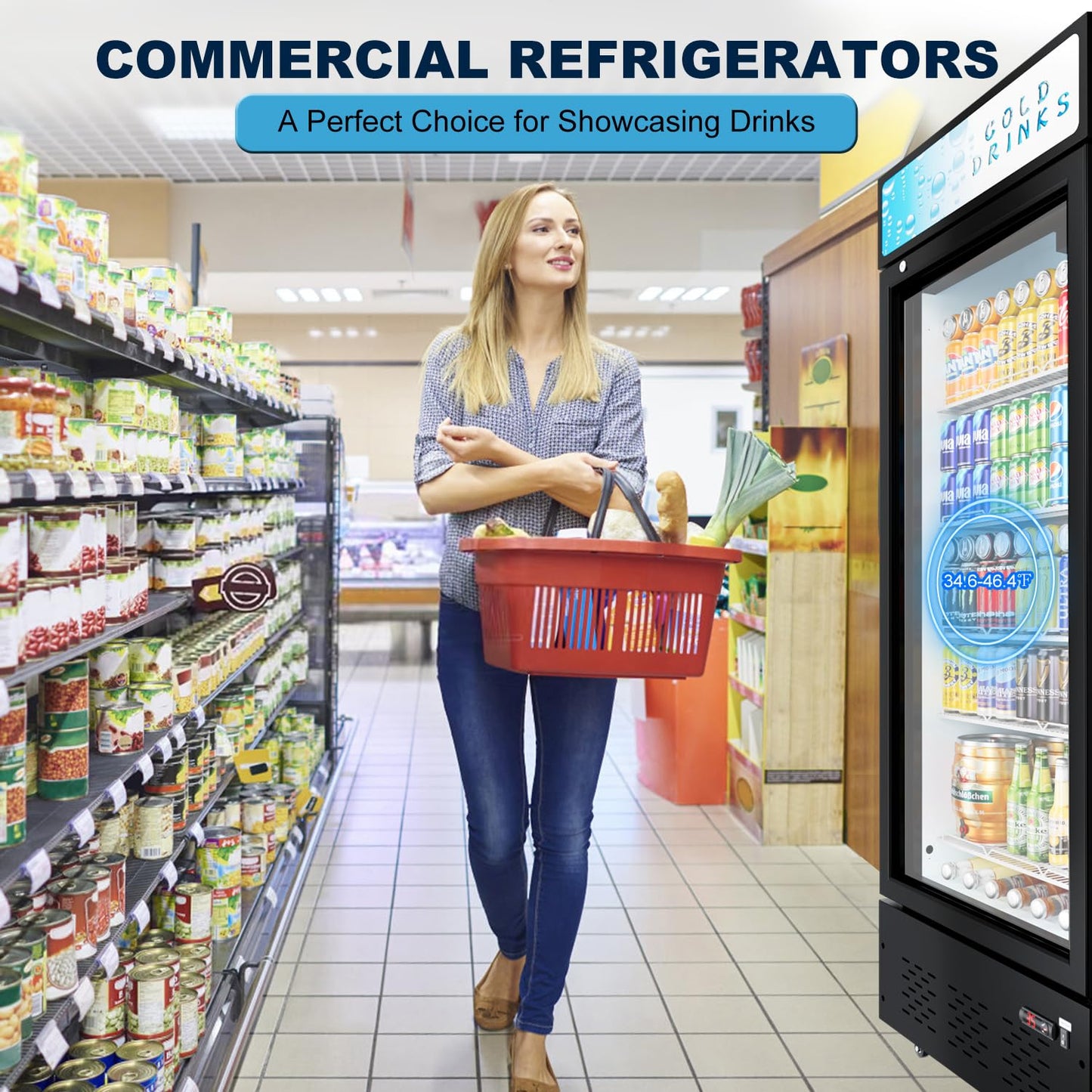 ECEVT 15 Cu.ft. Commercial Refrigerators Glass Door Beverage Refrigerators Commercial Fridge Upright Display Cooler with Soft LED Light and Adjustable Shelves for Restaurant Grocery Stores Home