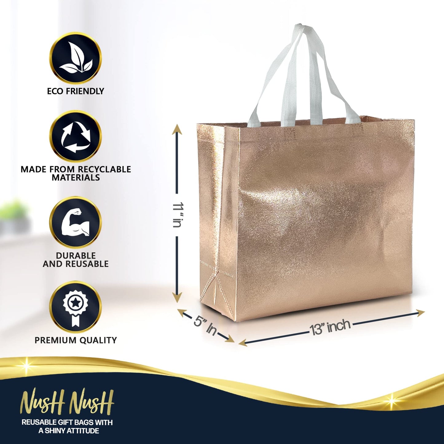 Nush Nush 15 Gift Bags Luxury Mix Color Set - Rose Gold, Silver, Gold Reusable Gift Bags With White Handles for Christmas, Goodie, Birthday - 13Wx5Dx11H Size