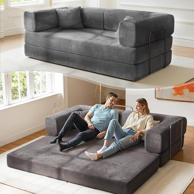 Kelyda 79 Inch Convertible Sofa Bed Couch in Box, 5 in 1 Folding Modular Boneless Couch with Pull Out Bed 2 Pillows, Soft Corduroy Floor Futon Lounge Loveseat Sleeper Lazy Cama No Assembly Dark Grey