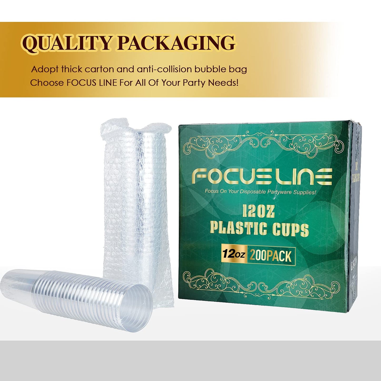 FOCUSLINE 200 Pack 12 oz Silver Rimmed Plastic Cups, Clear Plastic Cup 12 Ounce Tumblers, Heavy-duty & Fancy Disposable Cups with Silver Rim for Wedding Cups Elegant Party