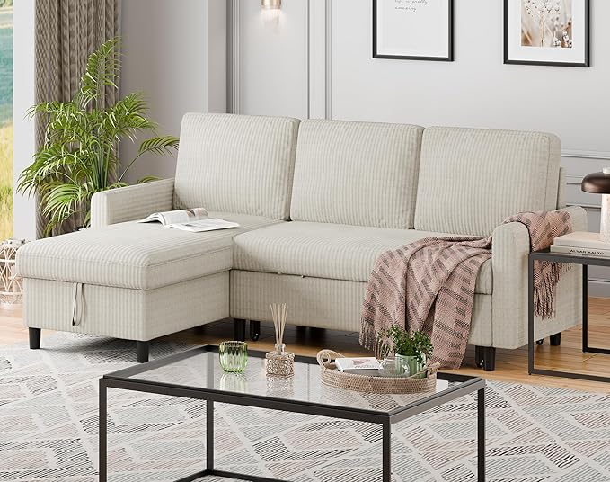 Nuturelly Sectional Sofa Couch Bed L Shaped Sleeper Sofa Bed Pull Out Bed with Storage, Reversible Sectional Couches for Living Room, Apartment, Office(White)