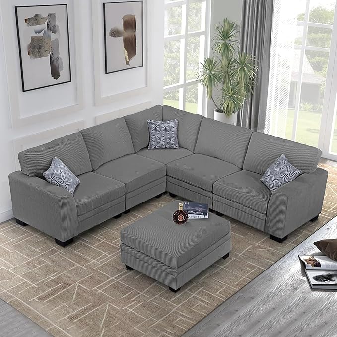 Legend Vansen Oversized Modular Sectional Sofa,6 Seat U Shaped Couch with Ottoman,Corduroy Sofa with Deep Seat,Convertible Large Sectional Couches for Living Room (Grey, L-6)