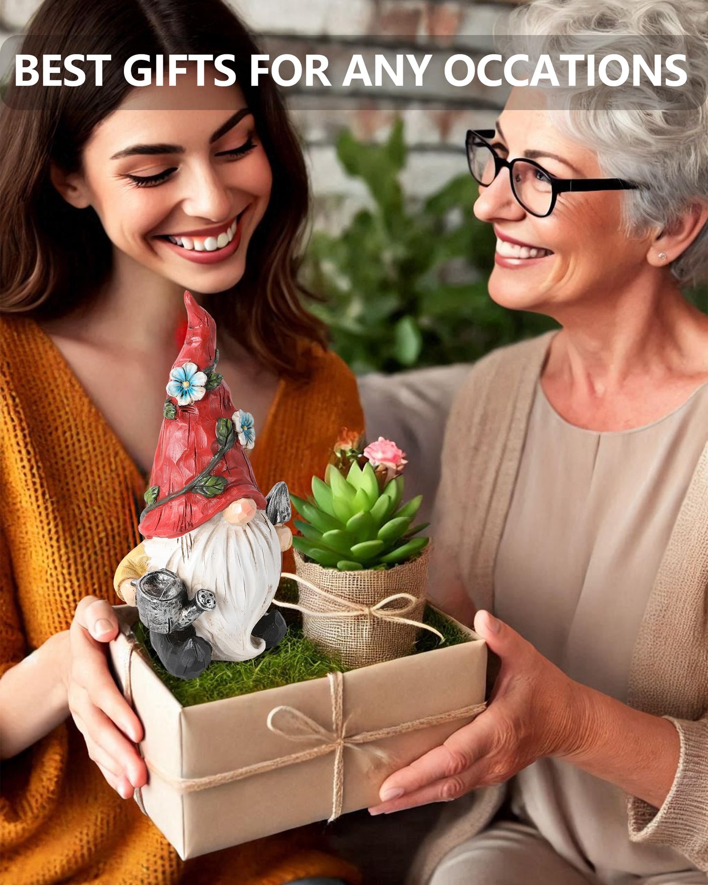 GoGnome Hand-Painted Resin Garden Gnome with Watering can and Shovel Figurine - 9.1" Summer and Spring Decorations for Home and Yard - Ideal Gnome Gifts for Women (Red)