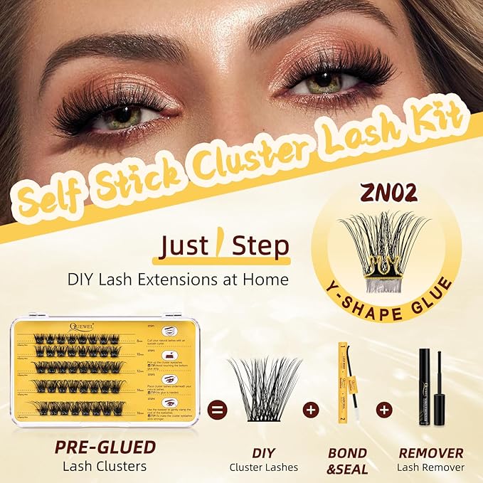 QUEWEL Self Adhesive Eyelashes Natural Look, No Glue Needed Lash Clusters with Eyelash Clusters Tweezer, 40 Pcs Reusable Lashes Self Adhesive for Beginners, DIY Lash Extensions for Home Use(ZN-02)