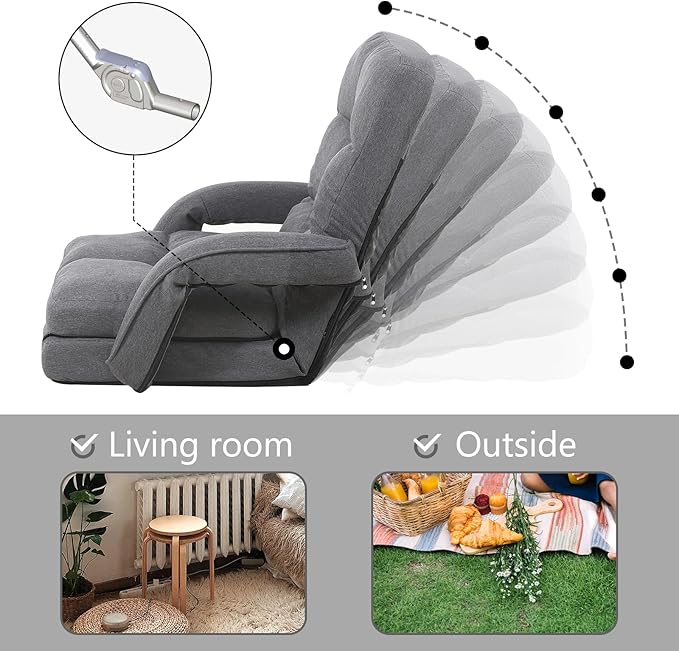 DeeLyan Indoor Floor Chair with Armrest and Pillow Folding Chaise Lounge Sofa 14-Position Adjustable Comfy Gaming Recliner Chair Padded Seats for Adults (Grey)