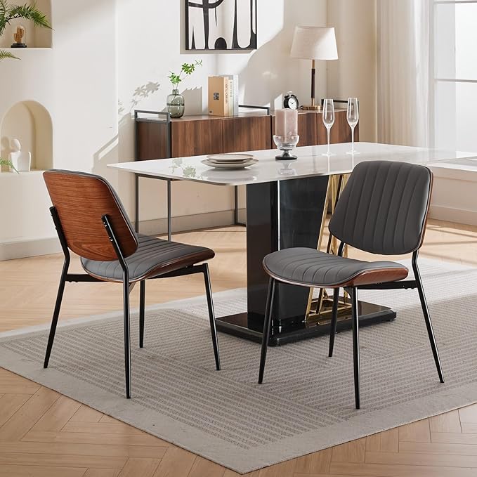 YaFiti Dining Chairs Set of 8, Mid Century Modern Accent Dining Room and Kitchen Chairs, Upholstered PU Leather Vertical Stripe Chairs for Vanity with Walnut Bentwood and Metal Legs, Gray