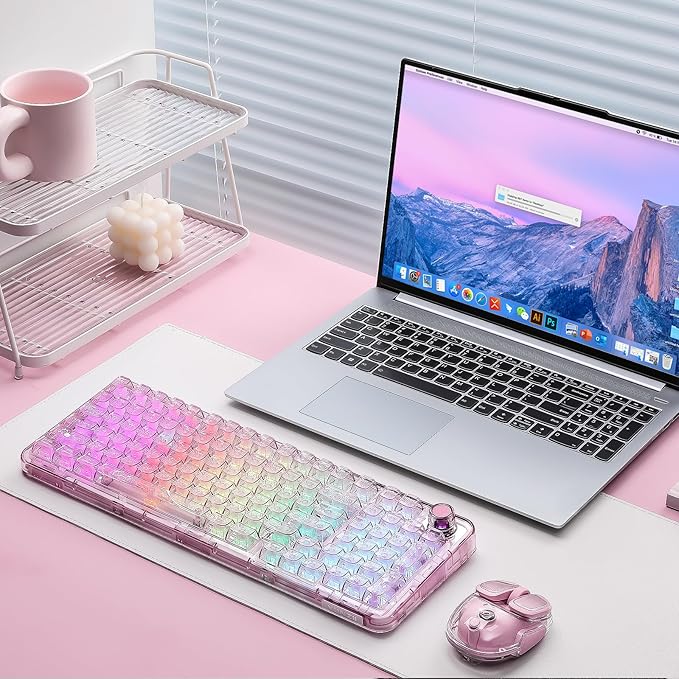 YUNZII X98 QMK/VIA Wireless Mechanical Gaming Keyboard with Knob,Tri-Mode BT5.0/USB-C/2.4GHz Hot Swappable Keyboard,Pre-lubed Switches Gasket Mount RGB Backlit for Wins/Mac (Pink, Crystal Switch)