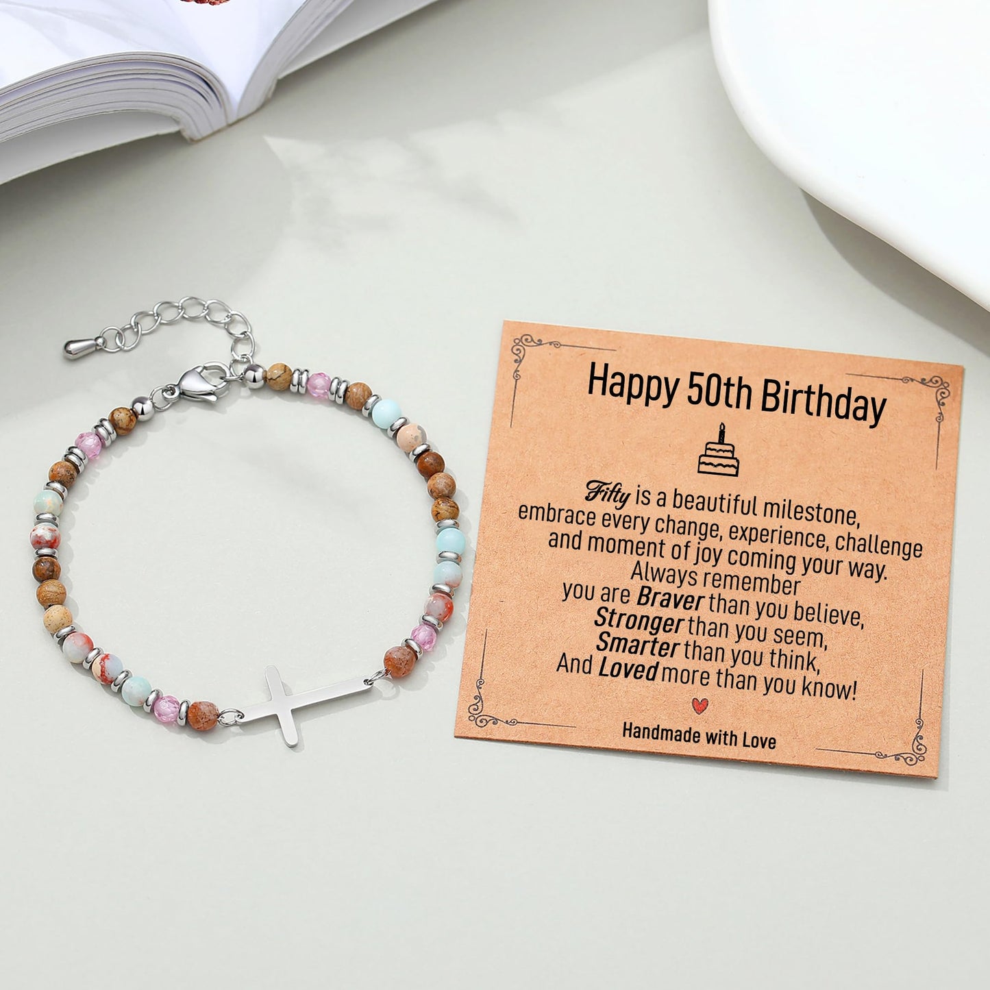 AryaHozel 50th Birthday Gifts for Her, Bead Cross Bracelet for Women Jewelry, 50th Birthday Decorations Women Unique 50 Year Old Bday Gift Ideas for Best Friend, Sister, Wife, Mom, Daughter, Female