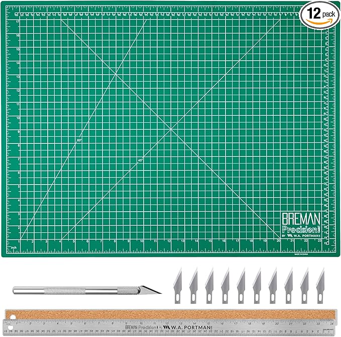 WA Portman 18x24 Inch Self Healing Cutting Mats for Crafts – Fabric Cutting Mat with Precision Craft Knife, 10 Hobby Knife Blades & Metal Ruler 24 Inch Cork Backed Ruler – All-in-One Craft Kit