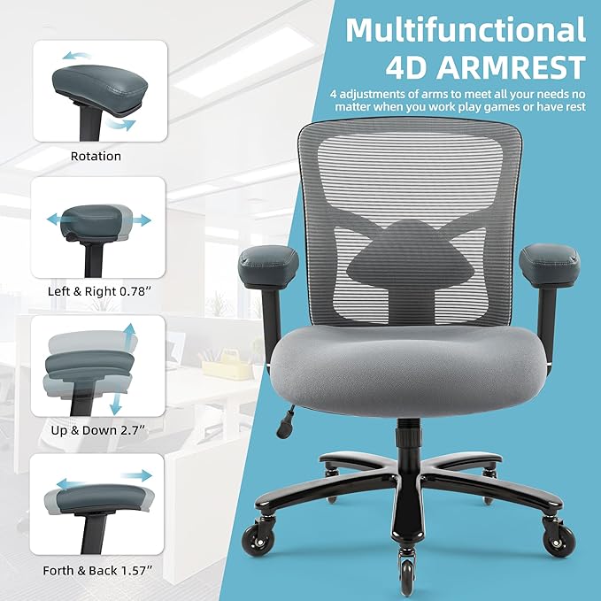 Big and Tall Office Chair 500lbs - Ergonomic Mesh Desk Chair, Heavy Duty Computer Chair-Wide Thick Seat Cushion, Adjustable Lumbar Support, Metal Base, Rubber Wheels, 4D Armrests, Grey
