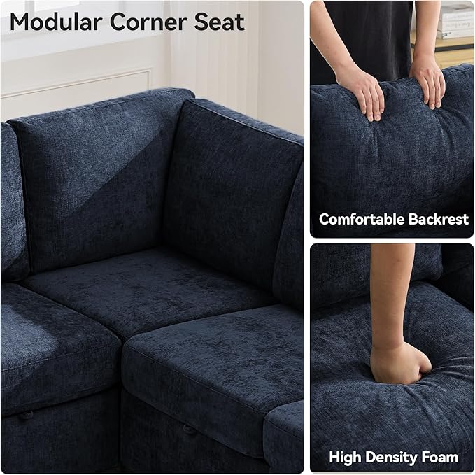 104'' V Shaped Modular Sofa, Sectional Couch with Storage for Living Room, Modern 7 Seater Cloud Sectional Couch with Movable Ottoman, Chenille Navy