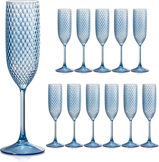12 Pack Plastic Champagne Flutes Vintage Light Blue Goblet Champagne Glasses Unbreakable Wedding Toasting Glasses Diamond ...