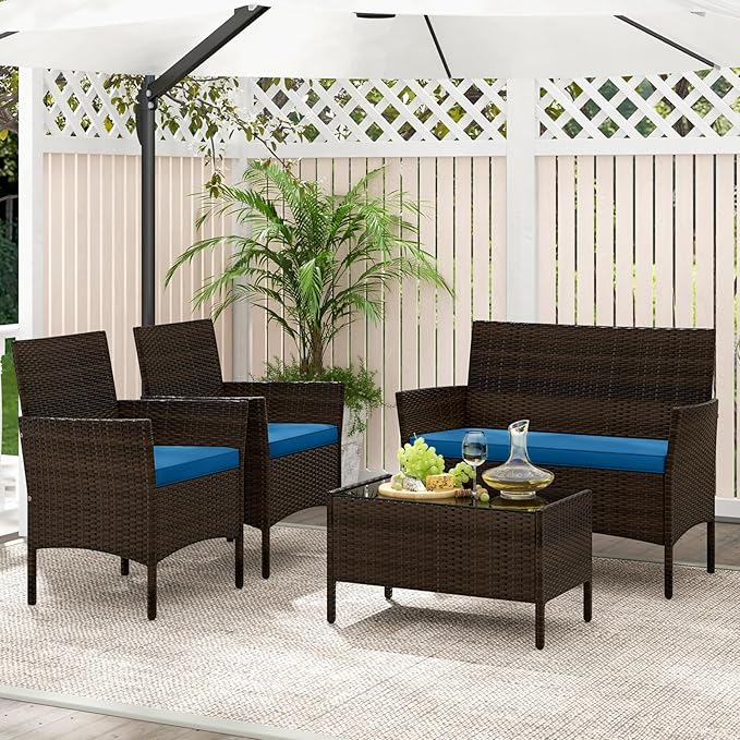 KOTEK 4 Piece Patio Furniture Set, Outdoor Rattan Conversation Set with Loveseat, Wicker Chairs, Tempered Glass Coffee Table, Wicker Patio Set for Backyard, Porch (Peacock Blue)
