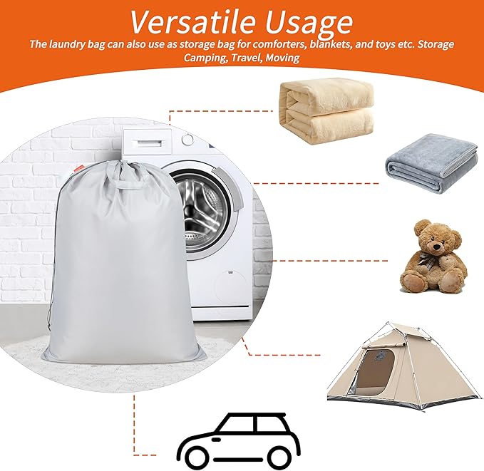 Polecasa Extra Heavy Duty Large Laundry Bag with Sturdy Handles and Drawstring Closure, 28 x 36 inches Durable Storage Bags for Basket, Hamper, College, Dorm, Travel, Silver