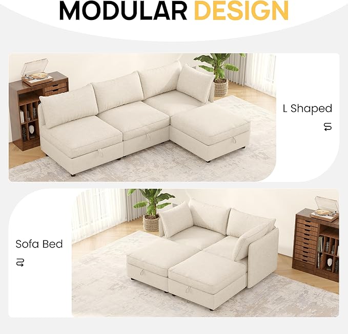FIRLZY Modular Sectional 4 Seater Sofa with Removable Covers and Storage, Convertible L-Shaped and Sleeper Sectional, Modern Upholstered Couch with Removable Ottoman for Living Room, Beige
