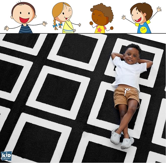 KIDCARPET.COM Black and White Squares Classroom Seating Rug 7'6" x 12' Rectangle, Educational Classroom Rug, Kids Learning Play Mat | Area Rug for Bedroom or Playroom