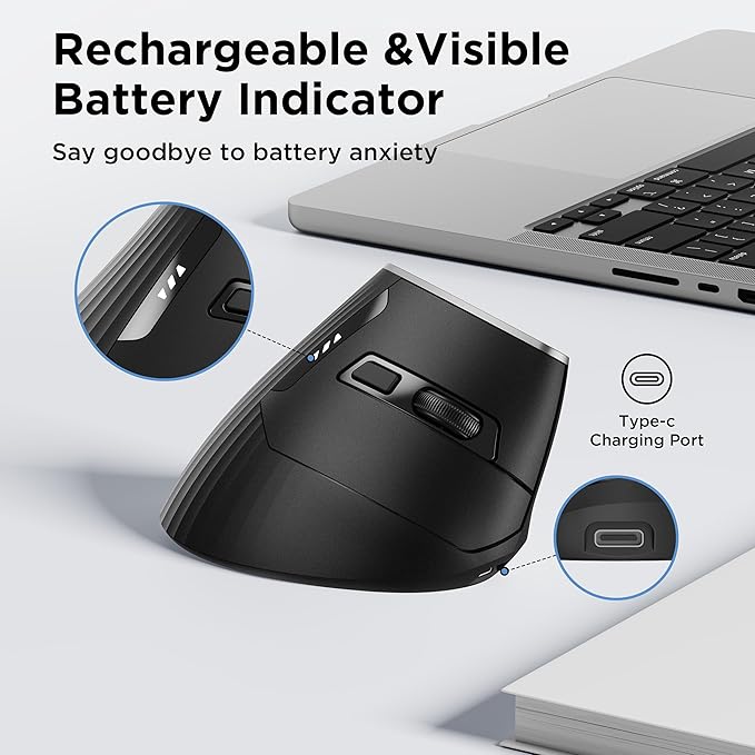 Ergonomic Mouse, Vertica Wireless Mouse 2.4G with USB A Receiver, 2400 DPI Optical Tracking Mice, 4 Adjustable DPI Levels, Rechargeable with Battery Indicator, Wide Compatibility for Windows, Mac OS