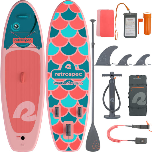 Retrospec Weekender-Nano 8'6" Kids Paddle Board Inflatable - Youth SUP with Adjustable Paddle, Pump & Backpack - Stable Design, EVA Deck, 28in Wide