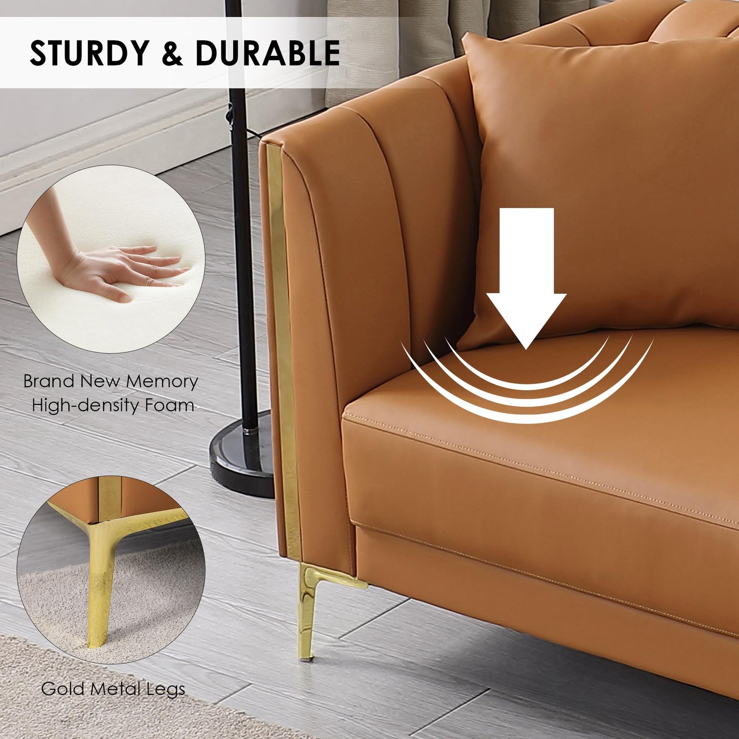 FOTOSOK 78'' Sofa, Modern Leather Couches for Living Room, Comfy, Faux Leather Sofa 3 Seater Sofa with 2 Throw Pillows and Gold Metal Legs, Deep Seat Sofas (Brown)