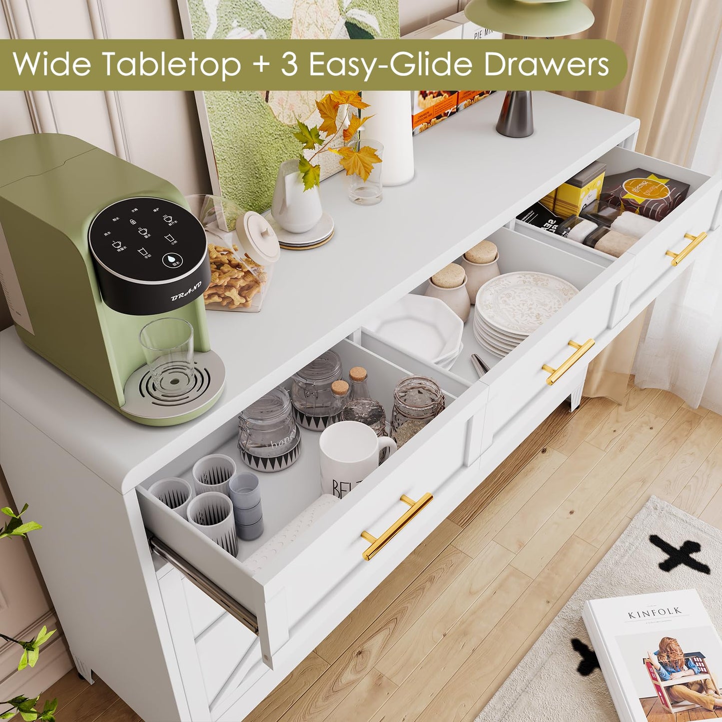 Sideboard Buffet Cabinet with Drawers, 47.2" Large Sideboard Cabinet with Doors & Adjustable Shelves, Modern Farmhouse Coffee Bar Console Table, Coffee Bar for Kitchen, Dining Room