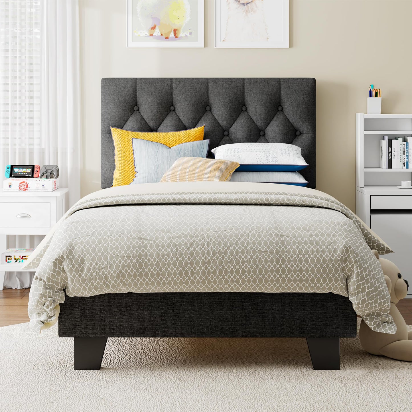 Einhomn Twin Upholstered Bed Frame with Headboard, Button Tufted Linen Bed Base, Platform Bed with Wood Slat Support, Noise Free, Heavy Duty, Easy Assembly, No Box Spring Needed, Dark Grey