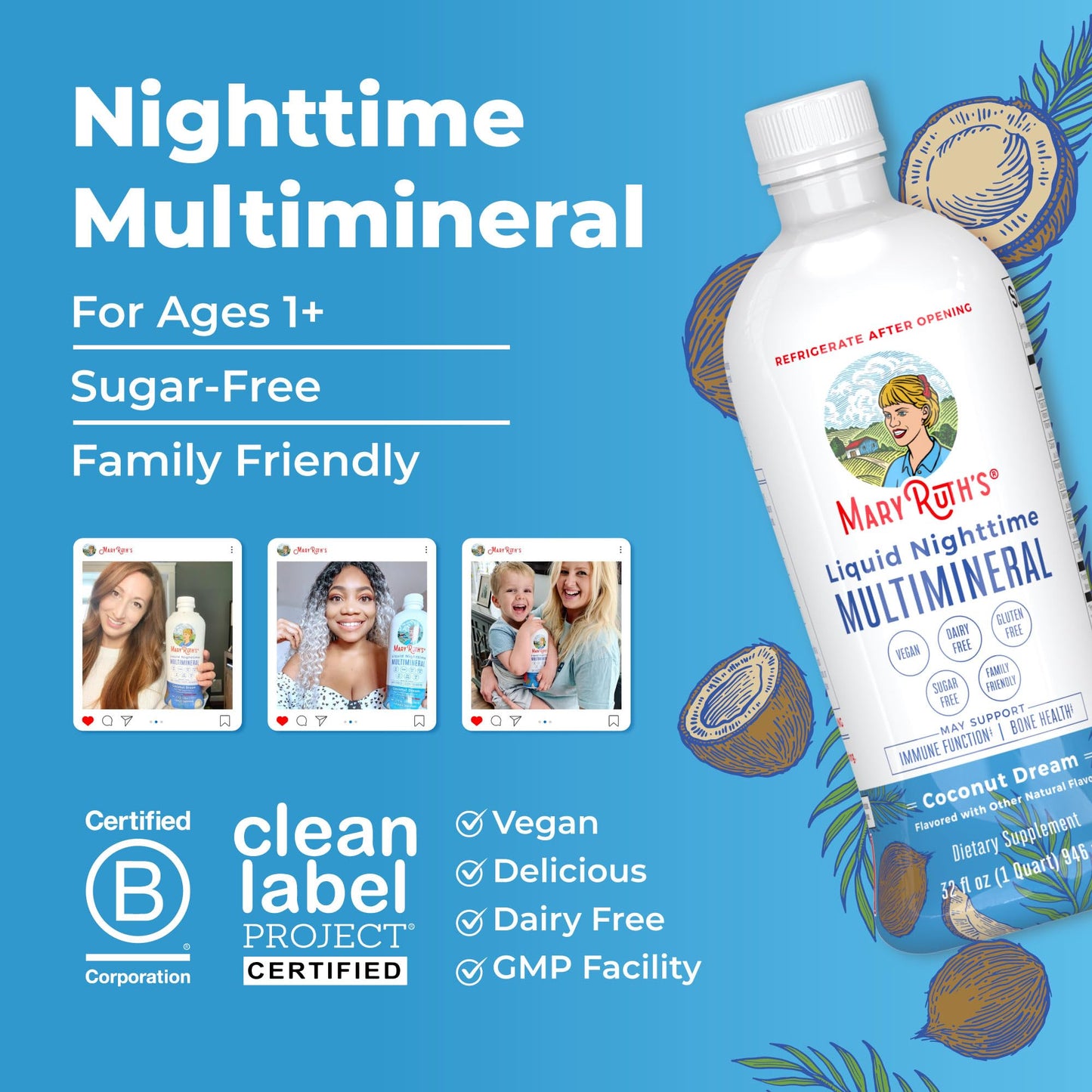 MaryRuth Organics Liquid Nighttime Multimineral | No Melatonin | Bedtime Routine | Magnesium Citrate | Calcium | Zinc | Vitamin D3| Available in 4 Flavors - Vegan | Sugar Free | Gluten Free | 32 Oz