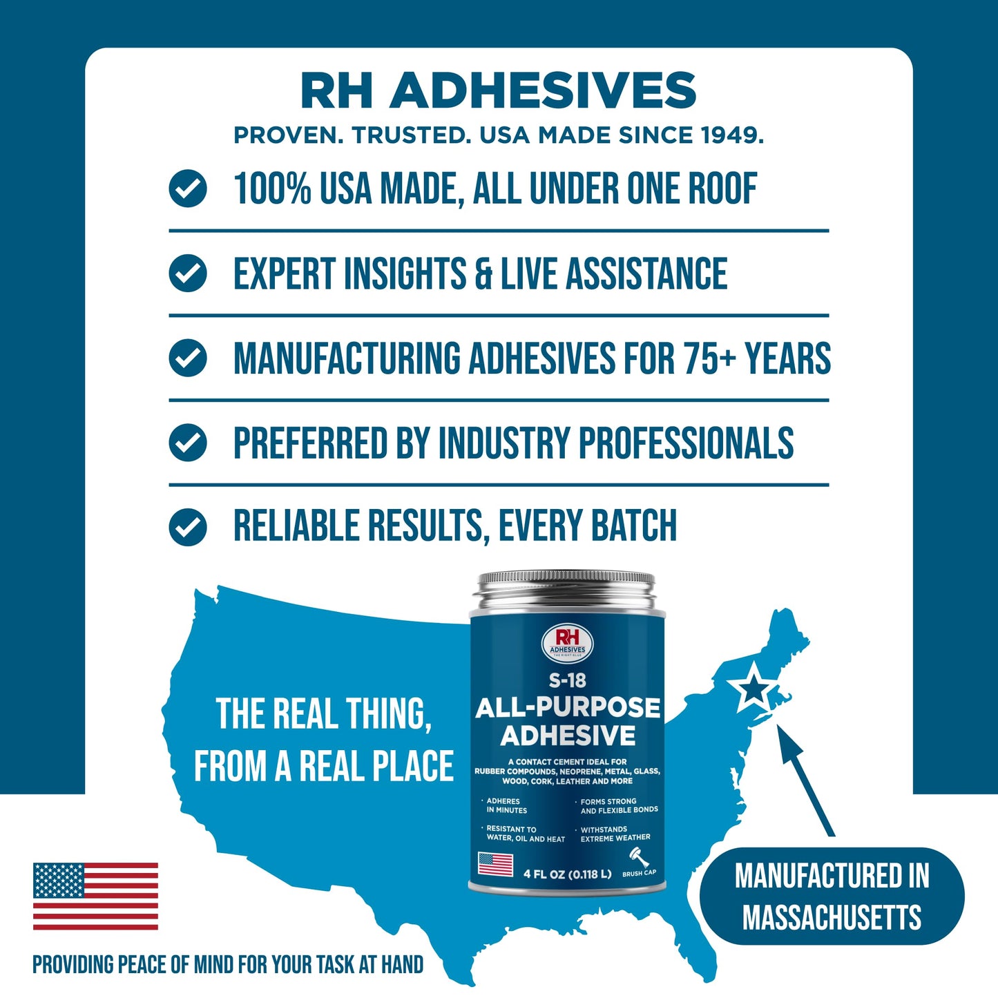 S-18 All-Purpose Adhesive, 4 oz. can - Multi-Purpose, Rubber, Metal, Leather, Felt, Wood, Neoprene, Glass, Flexible, Waterproof, Long Lasting - RH Adhesives