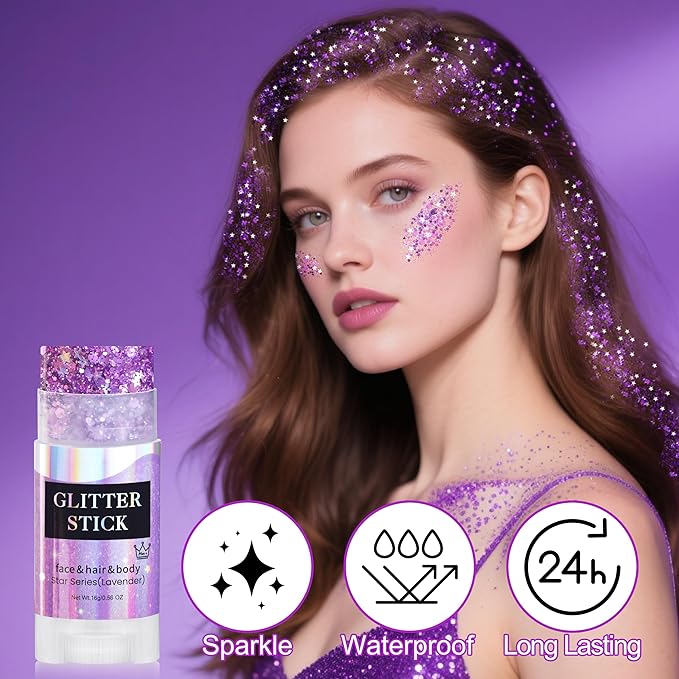 MEICOLY Light Purple Hair Glitter Stick for Kids,Halloween Face Glitter Stick Spirit Week Wear,Women Costume Sparkle Chunky Glitter Makeup,Waterproof Body Glitter for Party Rave Festival