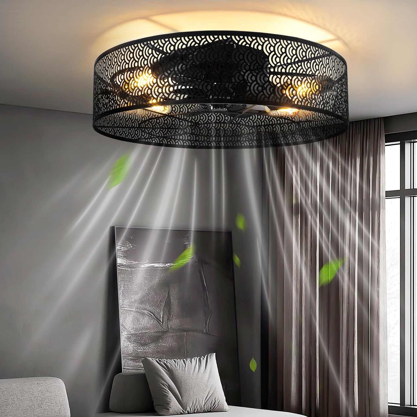 Vookea 2-In-1 Low Profile Ceiling Fan With Light, 20    Caged Metal Safety Design For Kids - 3000K, Smart App/Remote Control, Qu