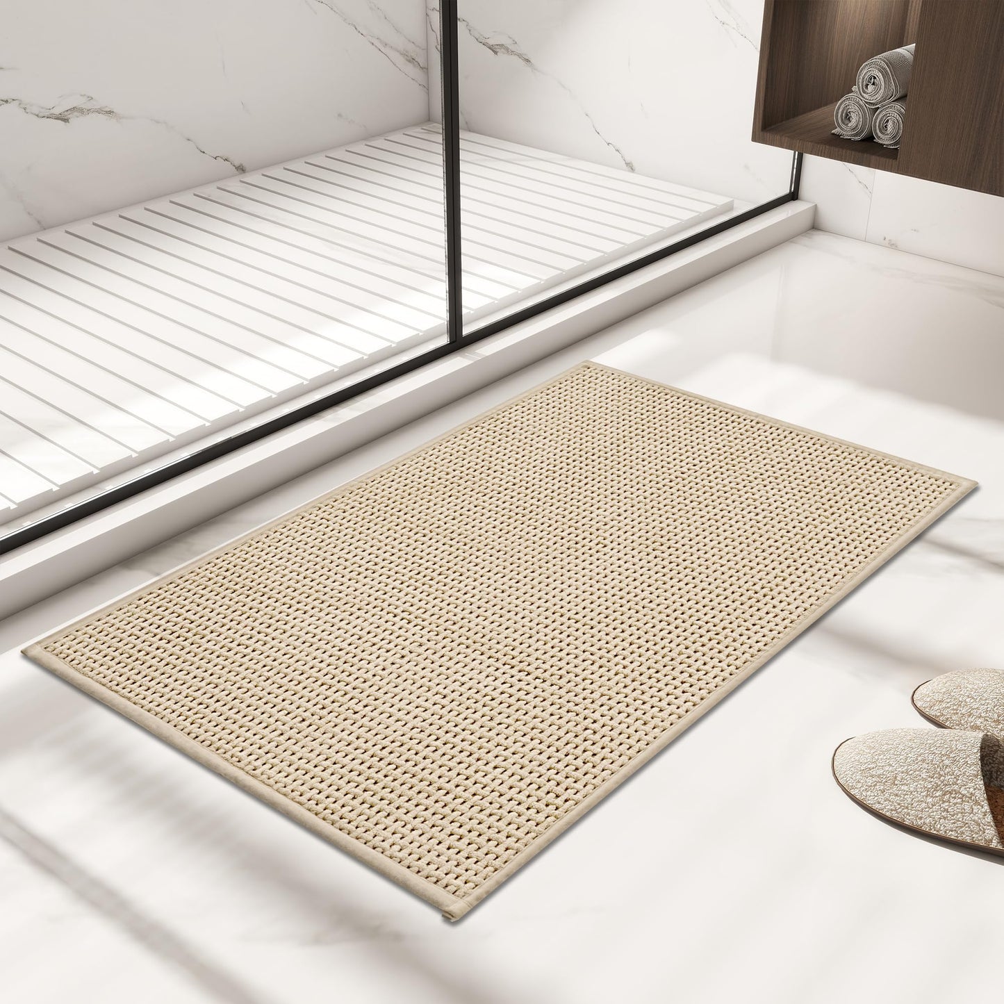 GRANNY SAYS Beige Bathroom Rugs, Absorbent Bath Mats for Bathroom, 24" x 16", Soft Chenille Bathroom Mat, Small Bath Rugs Non Slip Washable, Quick Dry, Thin, Rug for Tub and Shower