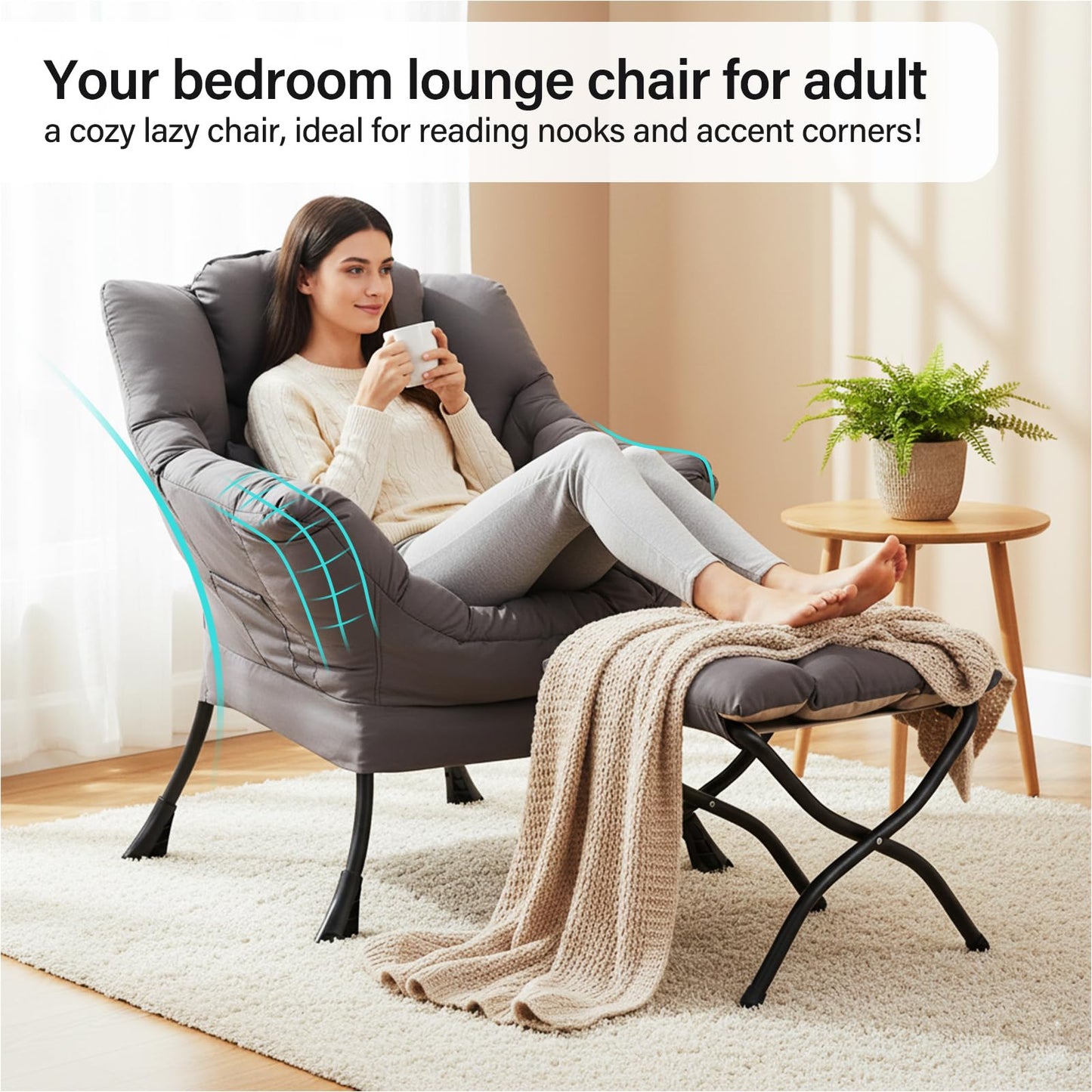 DreamNook Lazy Chair with Ottoman, Modern Accent Chair with Lumbar Pillow, Dark Grey Sofa, Armchairs with Folding Footrest, Oversized Supportive Chairs for Bedroom, Reading
