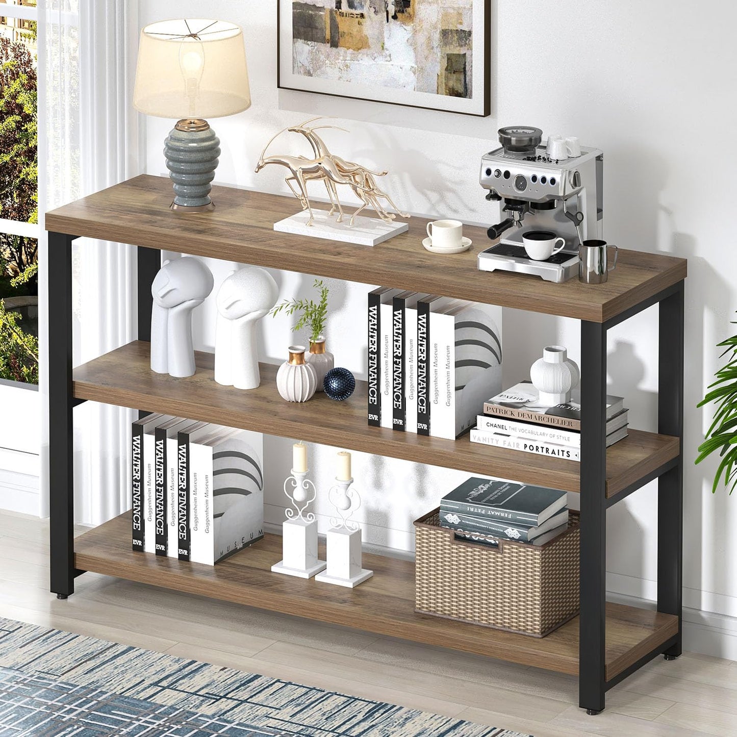 EXCEFUR 47 Inch Rustic Oak Wood Entryway Table, Modern Sofa Table Behind Couch for Living Room, Console Table with 3 Tier Shelves, Foyer Hallway Table with Storage