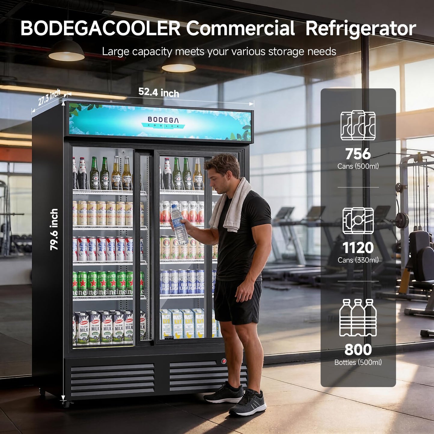BODEGACOOLER Commercial Merchandiser Refrigerator, Upgrade Automatic Rebound Sliding Door Display Cooler, 2 Glass Door Display Drink Cooler with LED Light, Adjustable Shelves,Castors for Store,Office